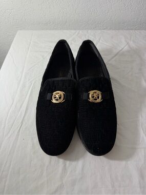 Stacy Adams Black Velvet Loafers with Gold Emblem